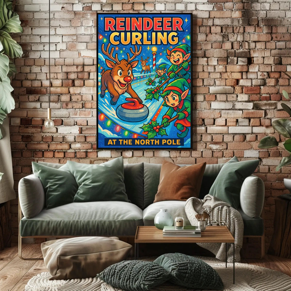 Reindeer Curling at the North Pole Poster
