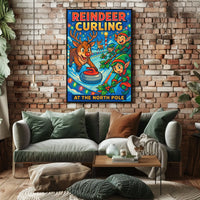 Reindeer Curling at the North Pole Poster
