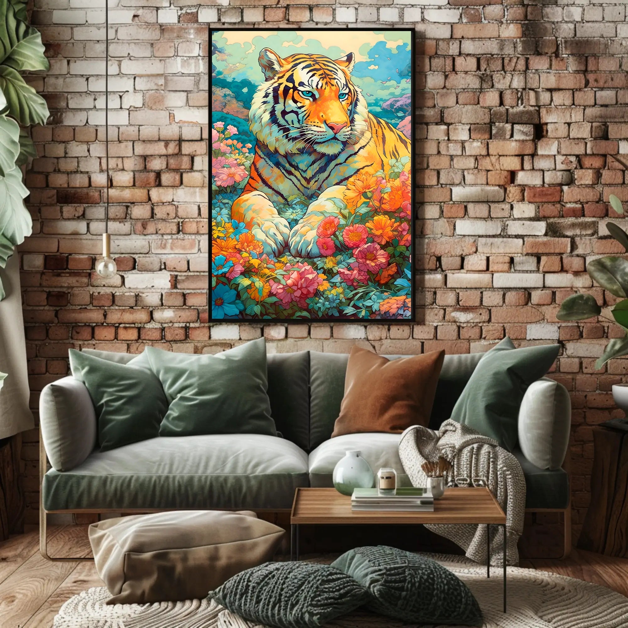 Majestic Tiger in Lush Garden Animal Poster