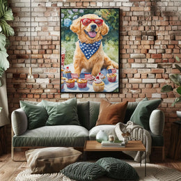 Golden Retriever Puppy On White Picnic Blanket Poster