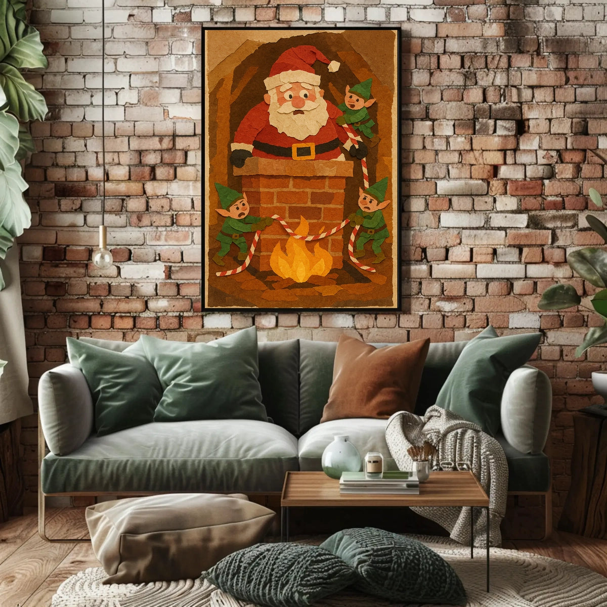 Playful Santa Chimney Scene with Elves Christmas Poster