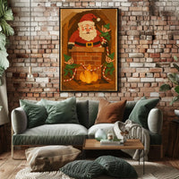 Playful Santa Chimney Scene with Elves Christmas Poster