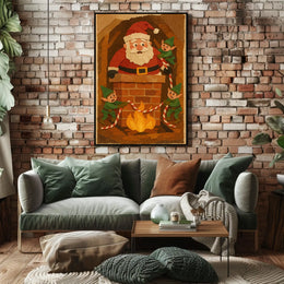 Playful Santa Chimney Scene with Elves Christmas Poster