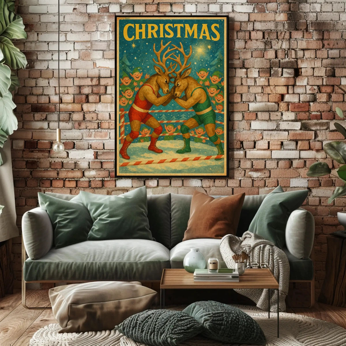 Whimsical Reindeer Wrestling Match: Christmas Pop Culture Poster