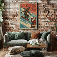 Whimsical Reindeer Snowboarding Vintage Christmas Poster