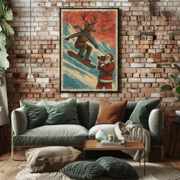 Whimsical Reindeer Snowboarding Vintage Christmas Poster