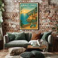 Amalfi Coast Vintage Travel Poster, Sunset Scene