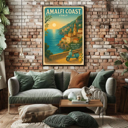 Amalfi Coast Vintage Travel Poster, Sunset Scene