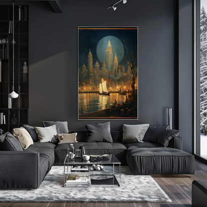 New York City Night Lights and Boat Travel Poster