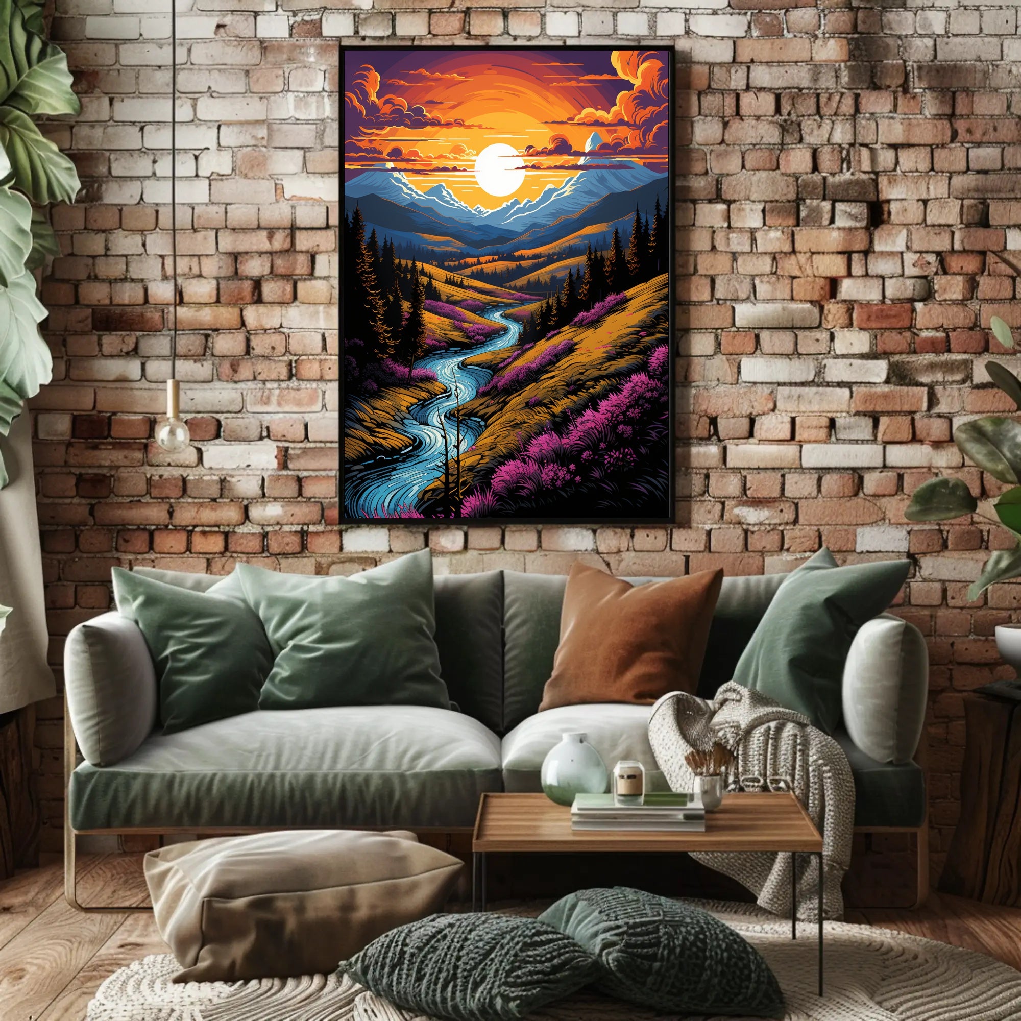 Sunset Over Mountain Stream Poster