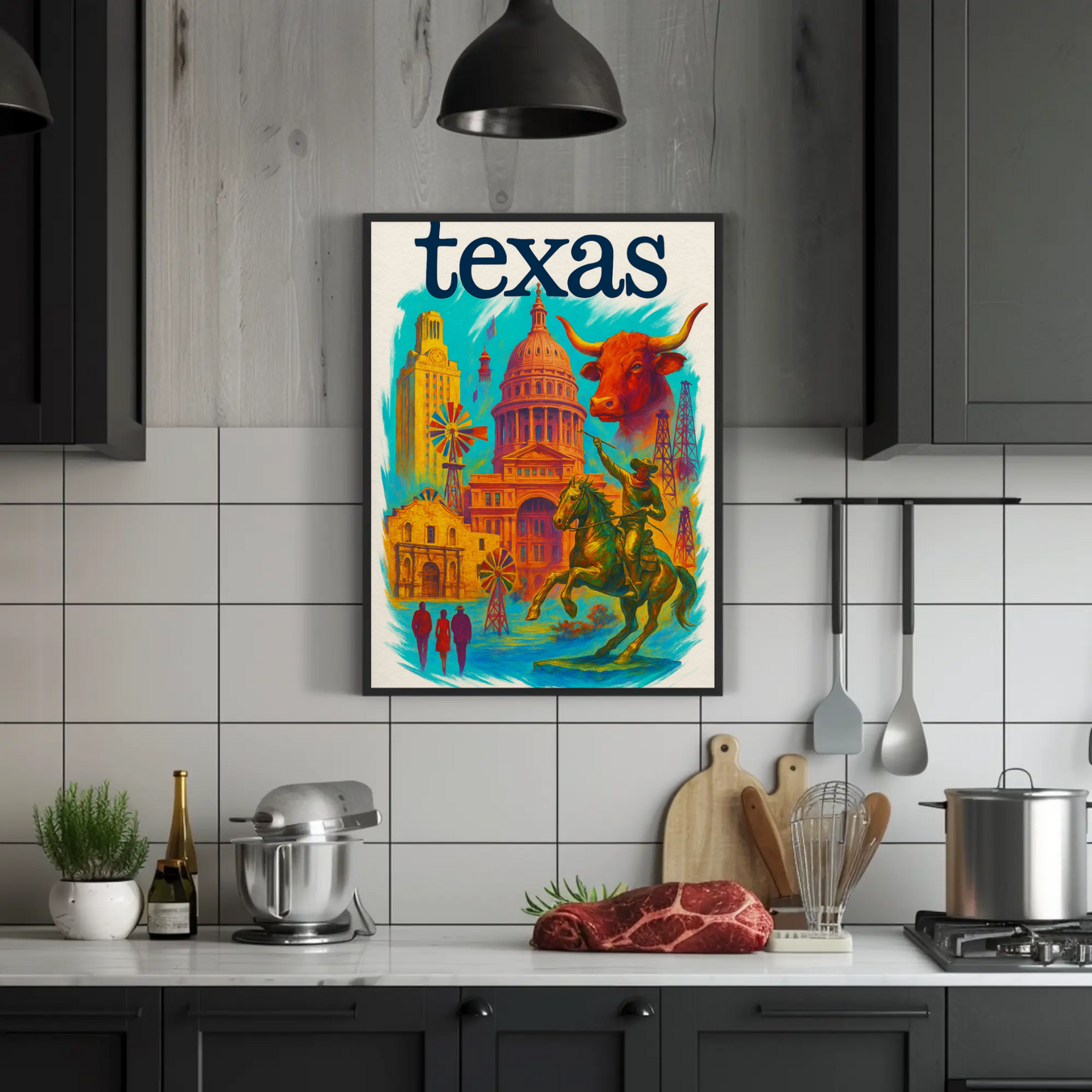Texas Capitol Cowboy Longhorn Windmill History Vintage Travel Poster
