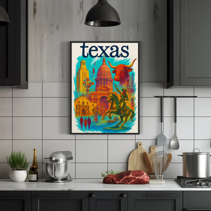 Texas Capitol Cowboy Longhorn Windmill History Vintage Travel Poster