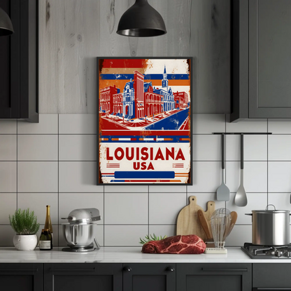 Louisiana USA French Quarter Street Vintage Maroon Travel Poster