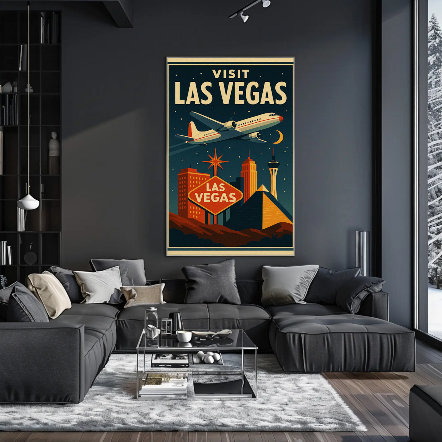 Visit Las Vegas Stylized Airliner Night Neon Glow Travel Poster