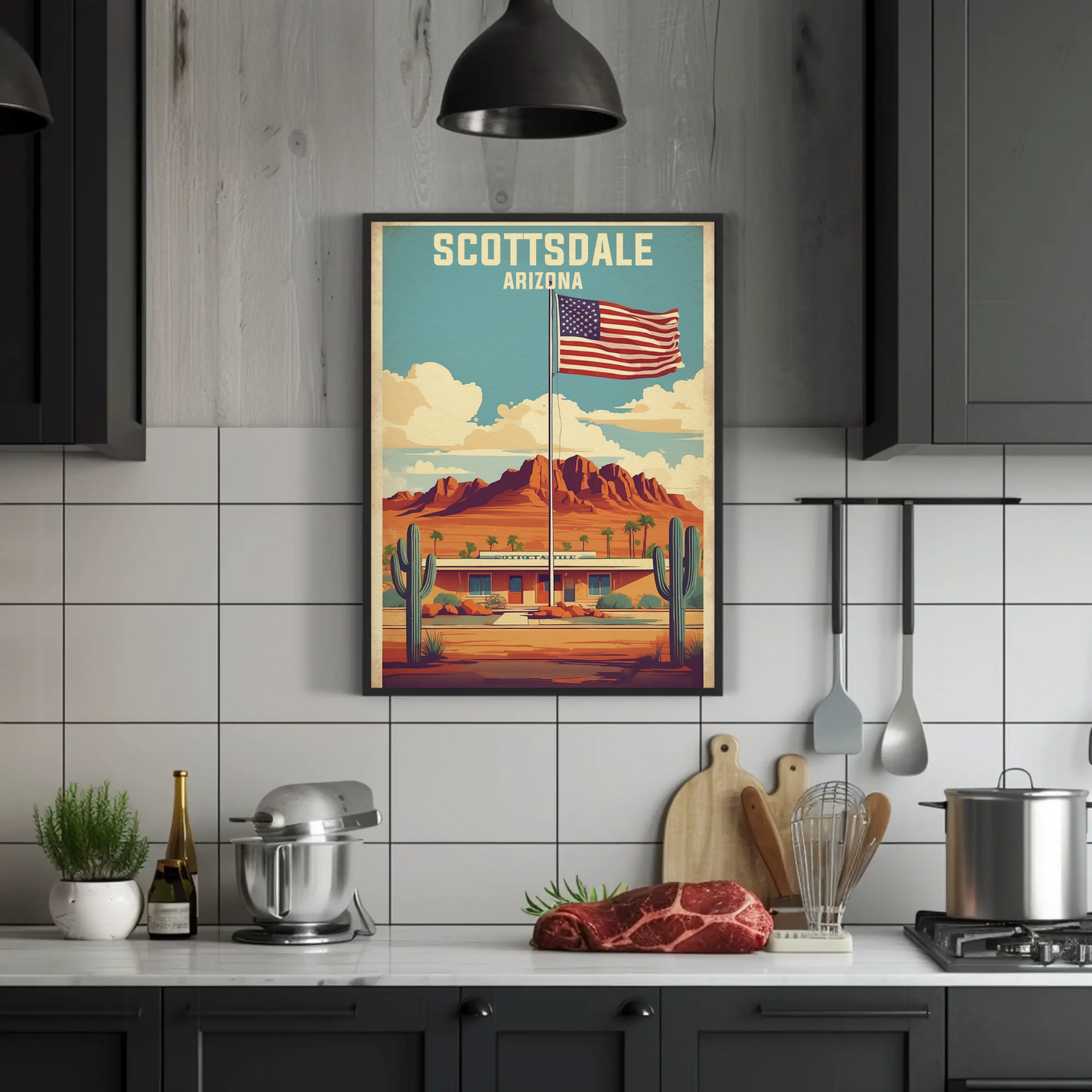 Scottsdale Arizona Desert Flag Cactus Vintage Travel Poster