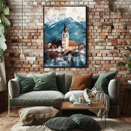 Liechtenstein Balzers Church and Mountains View Poster