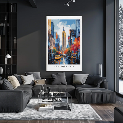 New York City Fall Taxis Empire State Building Travel Poster