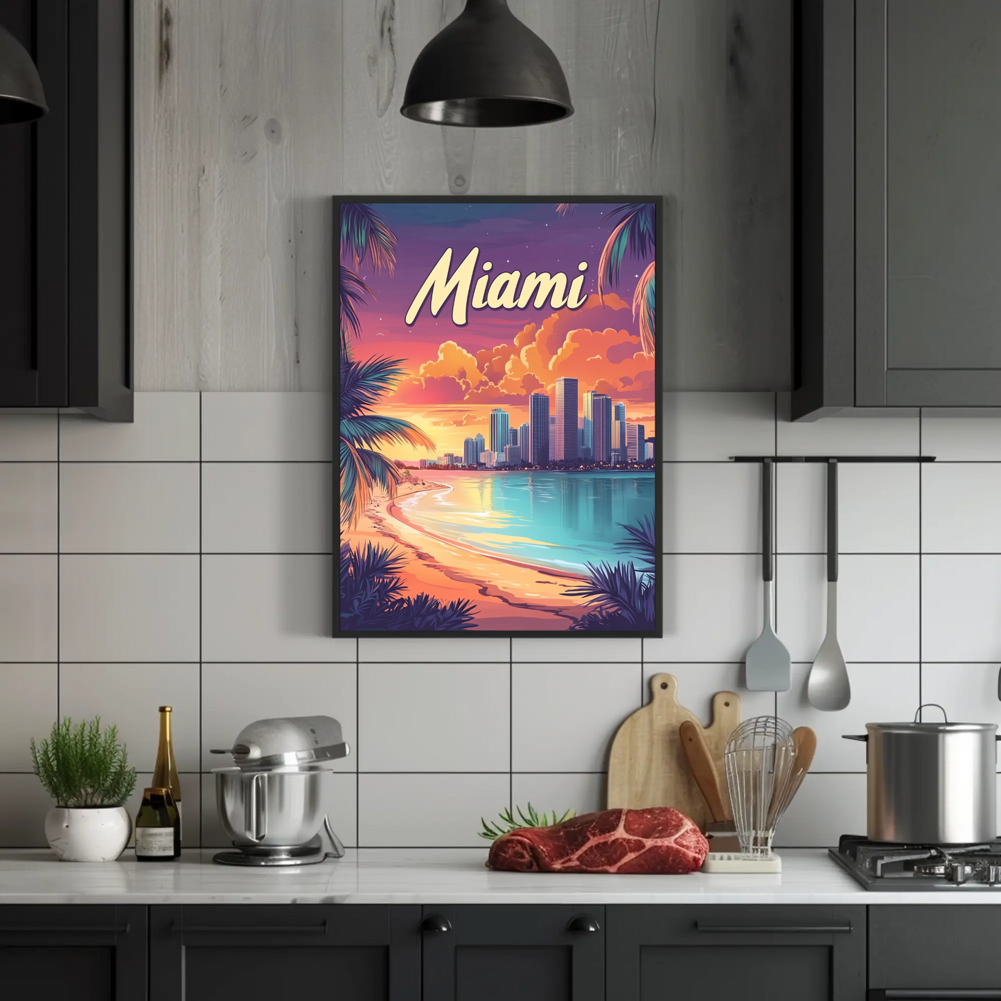 Miami Beach Sunset Vintage Travel Poster
