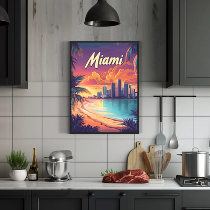 Miami Beach Sunset Vintage Travel Poster
