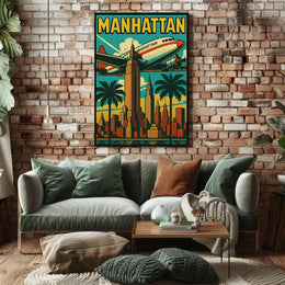 Vibrant Manhattan Skyline Art-Deco Travel Poster