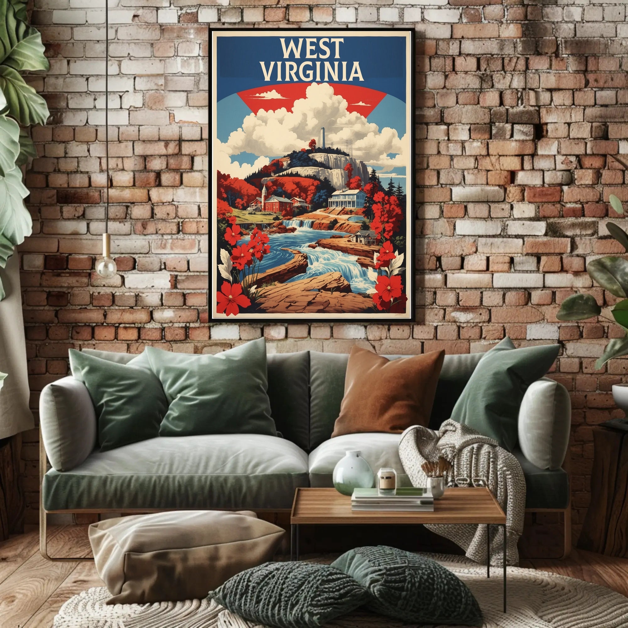 West Virginia Waterfall Vintage Travel Poster