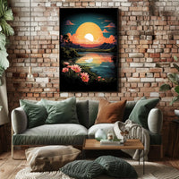 Tranquil Sunset Over Floral Landscape Poster