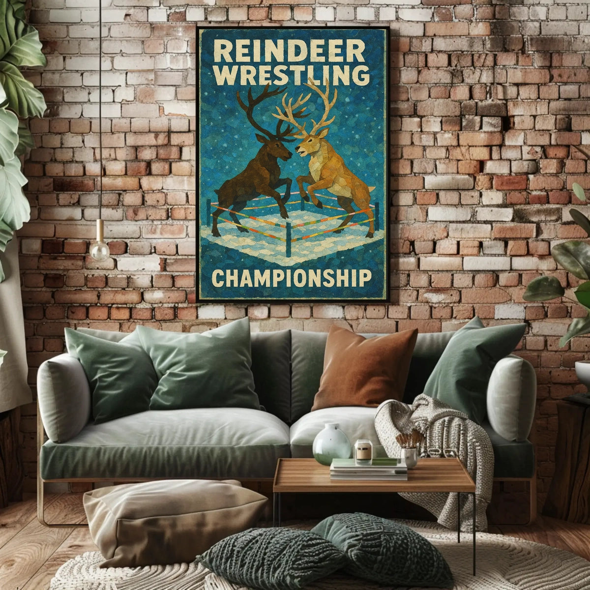 The poster titled "Reindeer Wrestling Championship" depicts an imaginative and playful scene featuring Travel Poster