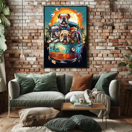 Whimsical Bulldogs in Retro Van Art Poster