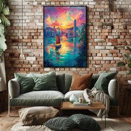 Hong Kong Harbor Sunset Impressionistic Art Poster