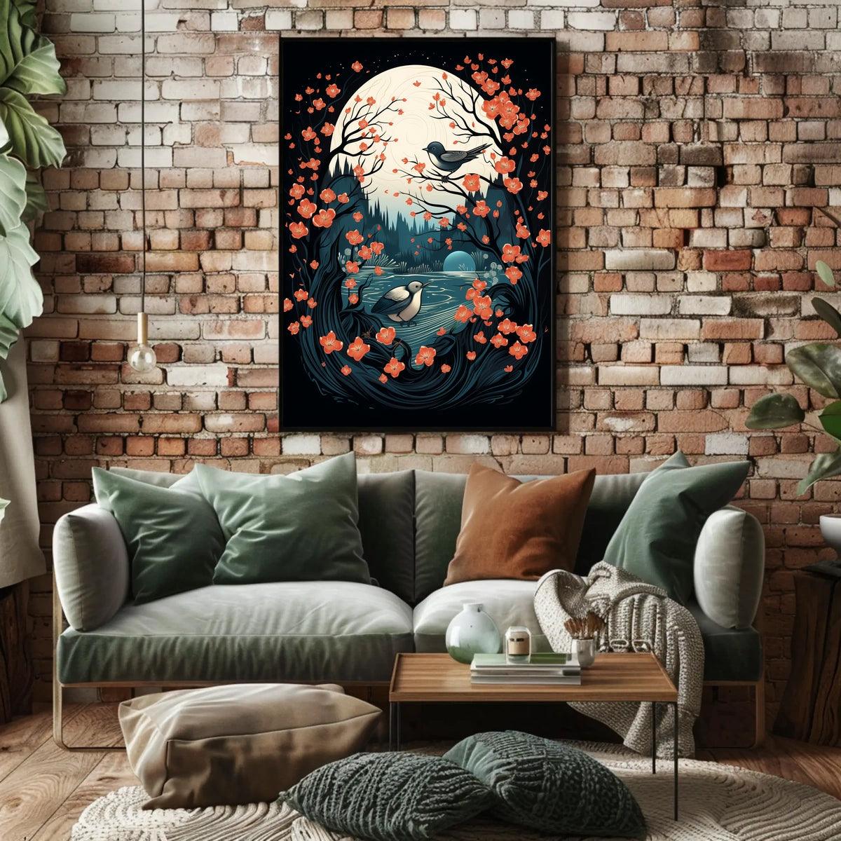Serene Moonlit Birds Nature Art Poster