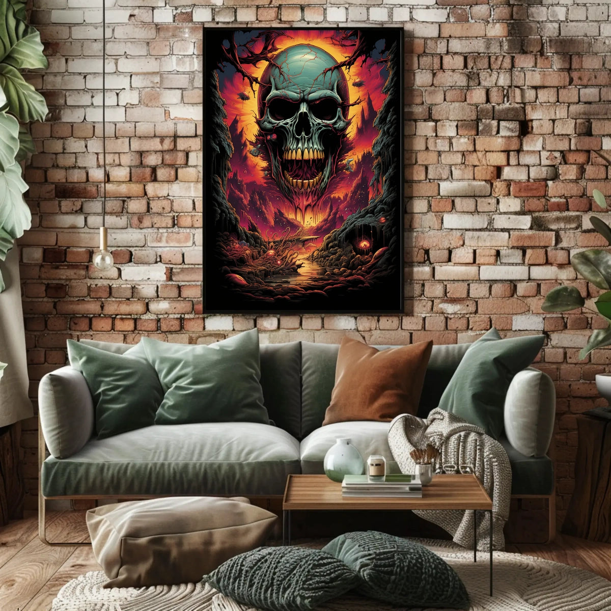 Eerie Skull Over Fiery Alien Landscape Poster