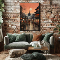 Vibrant Japanese Cityscape Sunset with Pagoda Cultural Poster