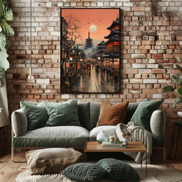 Vibrant Japanese Cityscape Sunset with Pagoda Cultural Poster