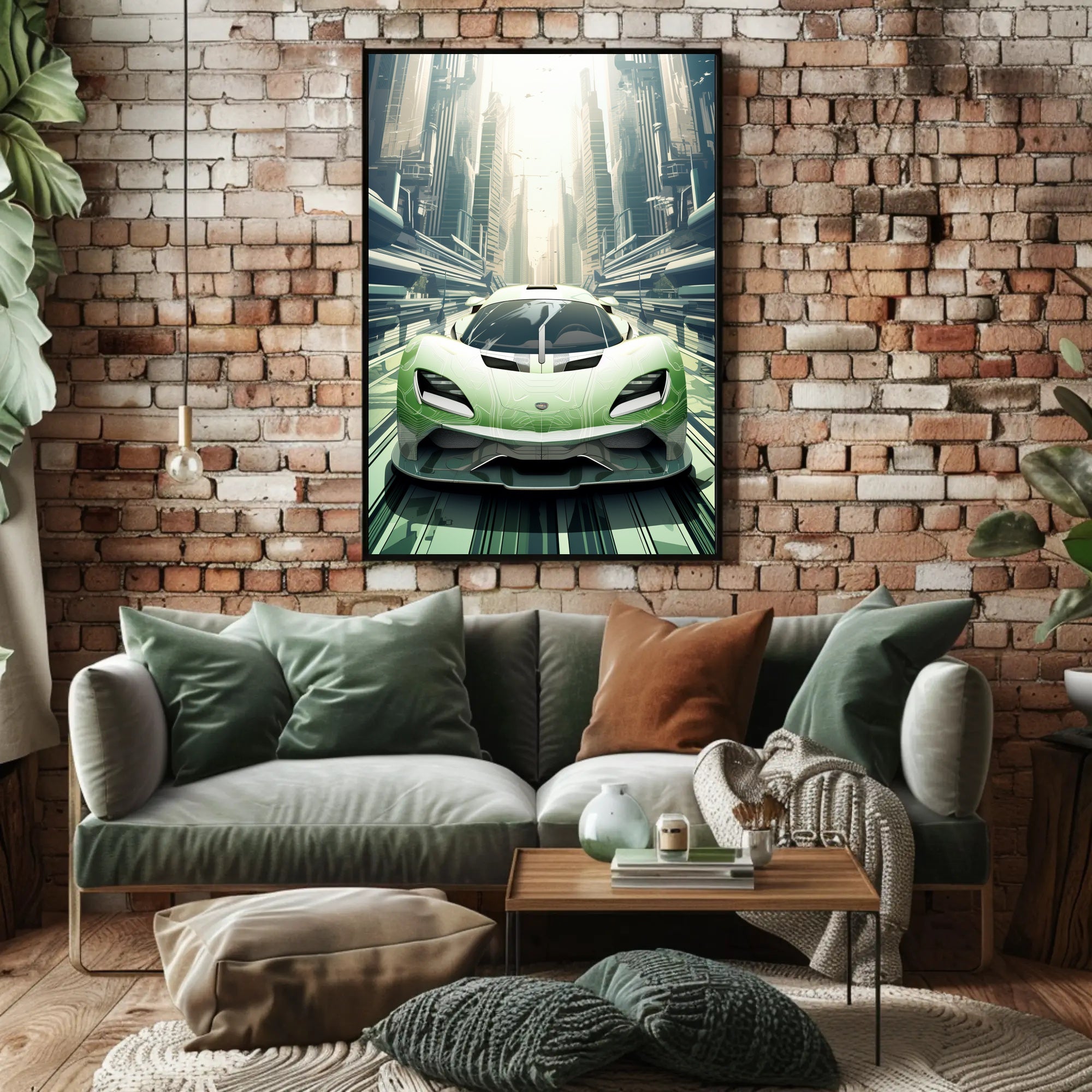 Futuristic Supercar in a Modern Cityscape Poster PosterGoat