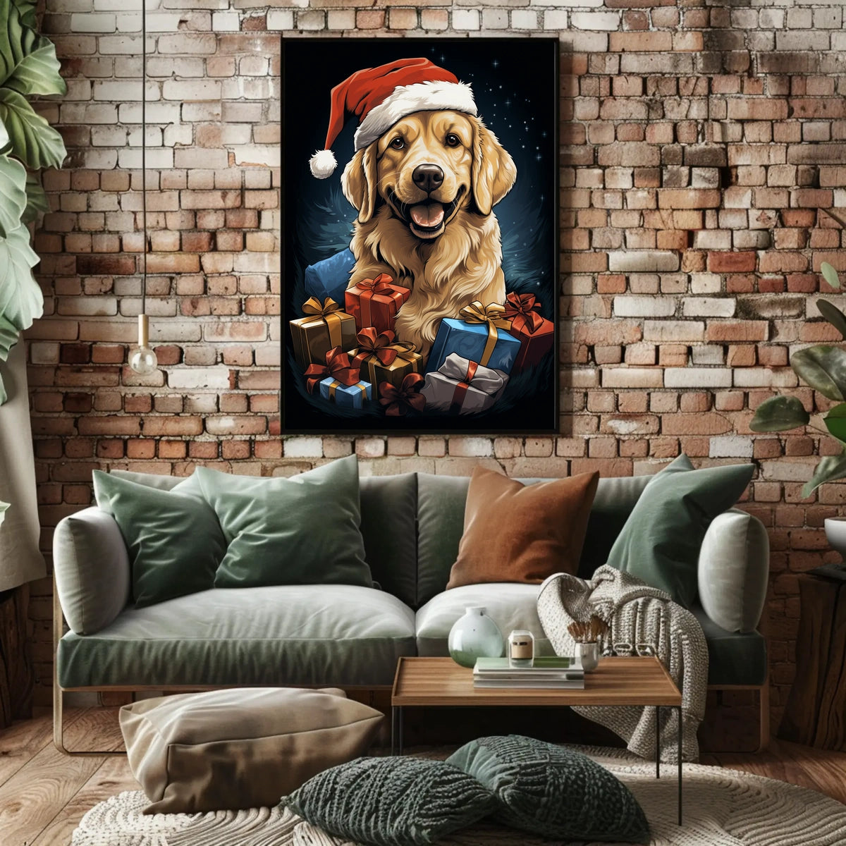 Golden Retriever Christmas Poster with Santa Hat
