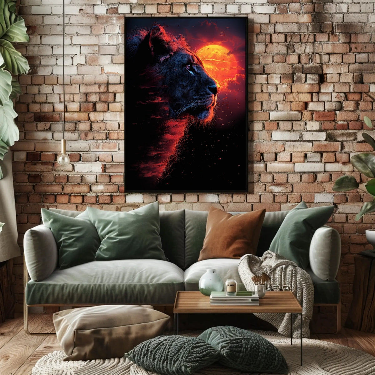 Majestic Lion at Fiery Sunset Art Poster