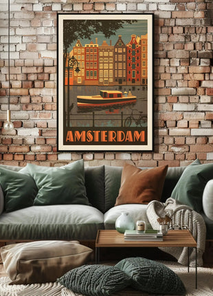 Amsterdam Vintage Travel Poster Depicting Retro Canal Scene