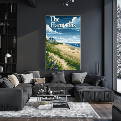 The Hamptons Beach Dunes House Umbrellas Travel Poster