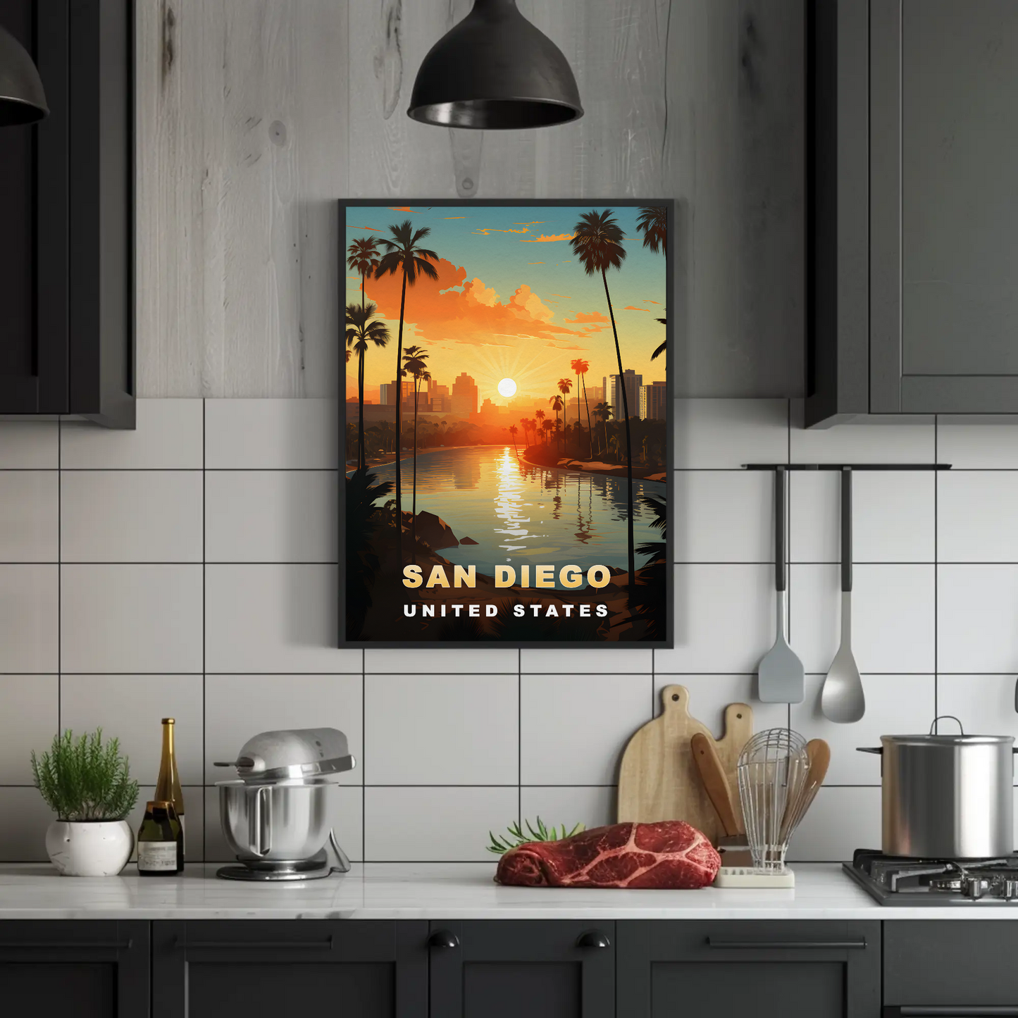 San Diego California Coastline Sunset Palms Vintage Travel Poster