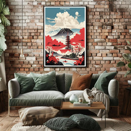 Japanese Tranquility Travel Poster with Pagoda and Mount Fuji