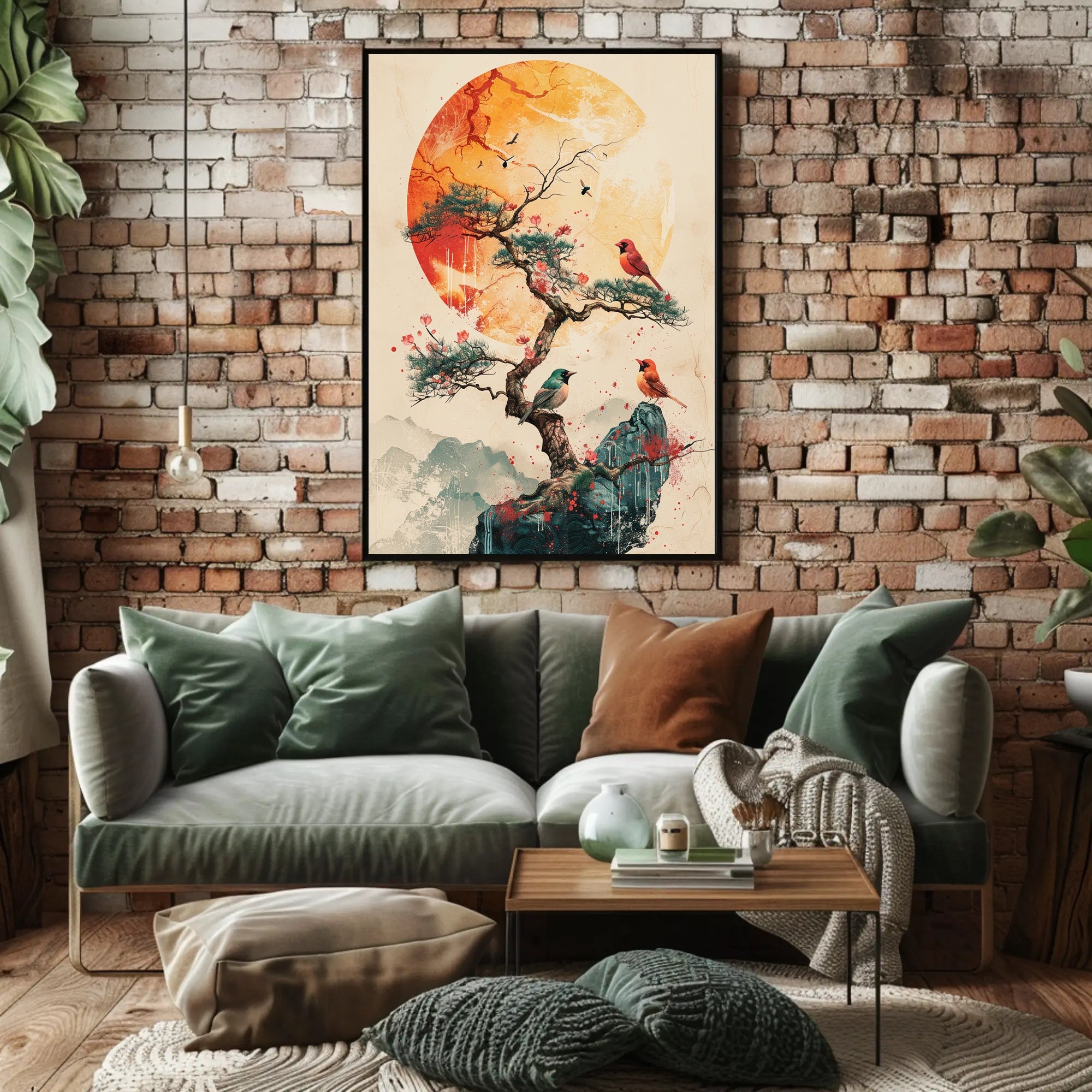 Serene Bonsai Tree with Vibrant Birds Poster PosterGoat