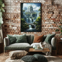 Mythical City in Enchanting Mountains Futuristic Sci-Fi Poster
