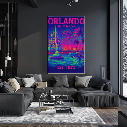 Orlando Florida Castle Ferris Dolphin Neon Travel Poster