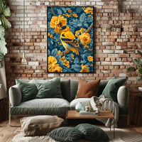Golden Songbird Wall Art Amidst Blossoms