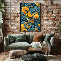Golden Songbird Wall Art Amidst Blossoms