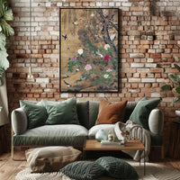 Serene Nature: Vibrant Peacocks and Blossoming Trees Poster