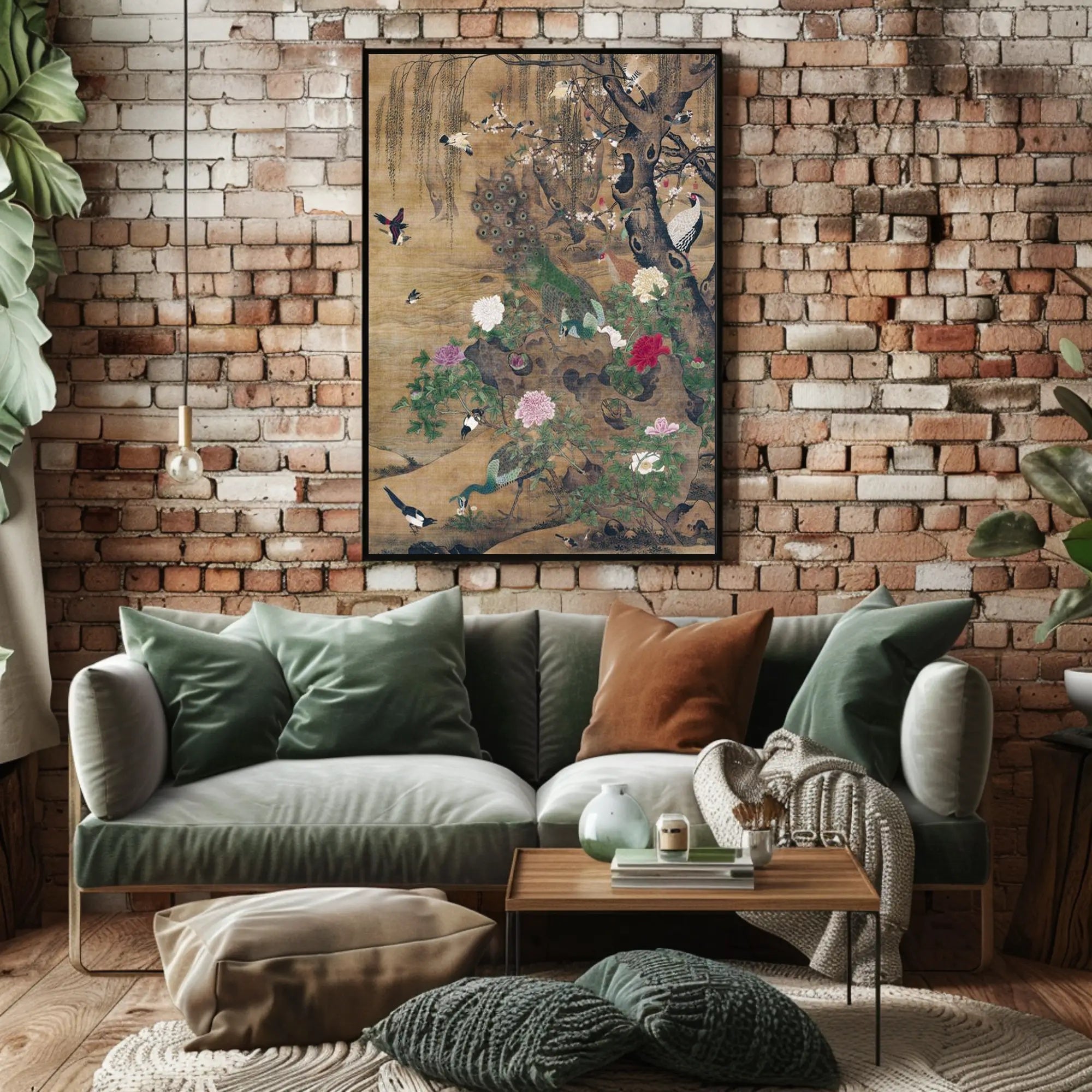 Serene Nature: Vibrant Peacocks and Blossoming Trees Poster