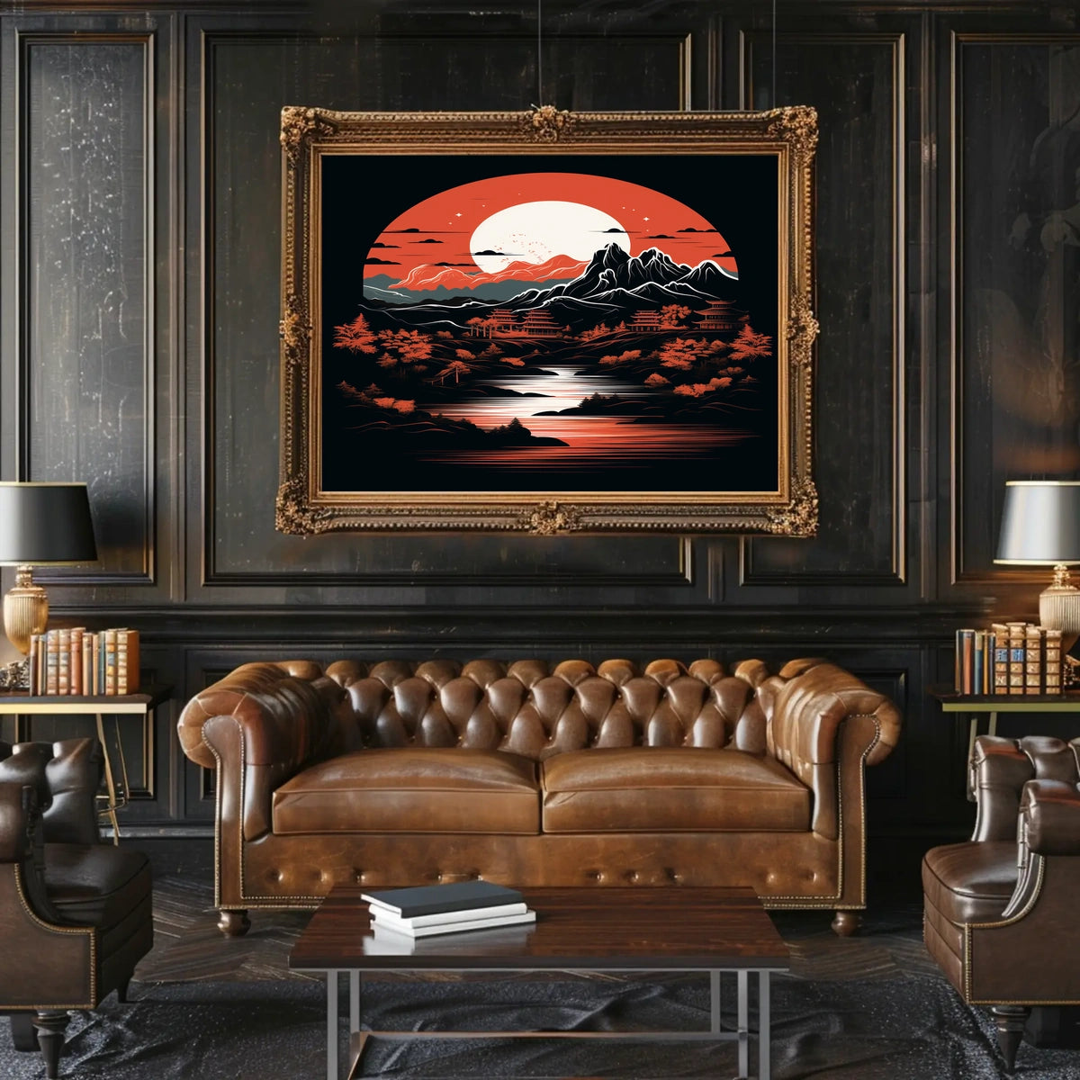 Tranquil Landscape Under A Crimson Moon Poster