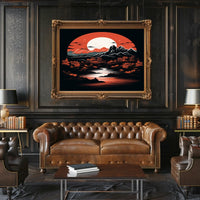Tranquil Landscape Under A Crimson Moon Poster