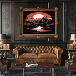 Tranquil Landscape Under A Crimson Moon Poster
